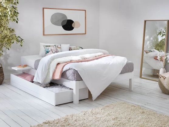 Platform Bed No Headboard Get Laid Beds, White Queen Bed Frame With Storage No Headboard