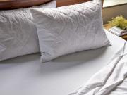 Two pinsonic pillow protectors on pillows on-top of crisp white fitted bed sheet