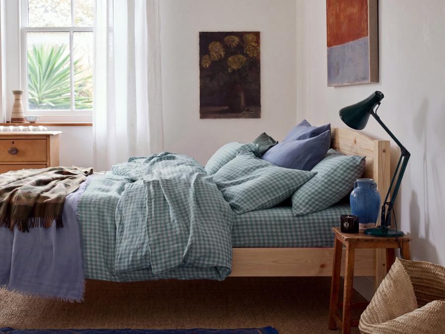 Warm Blue Gingham Linen Blend Duvet Cover Styled Bedroom Setting