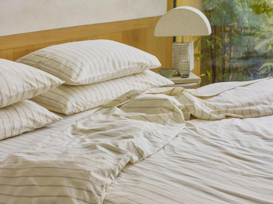 Mellow Green Slumber Stripe Cotton Duvet Cover Styled Bedroom Setting