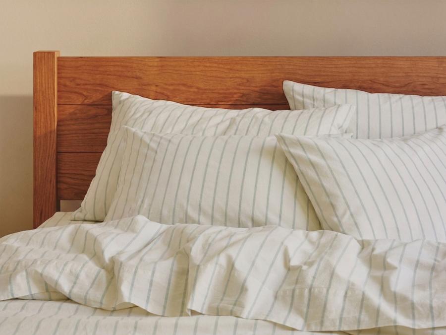 Mellow Green Slumber Stripe Cotton Pillowcases Styled Bedroom Setting