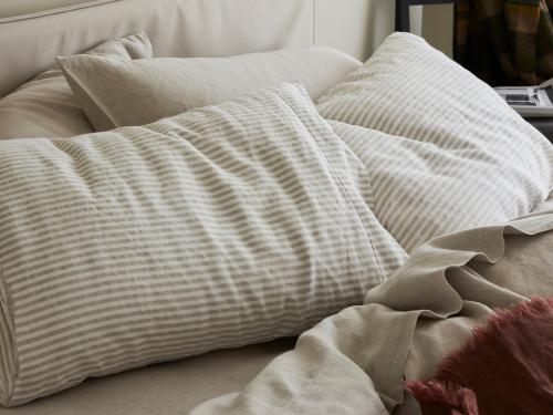 Oatmeal Stripe 100% Linen Pillowcases Styled Bedroom Setting