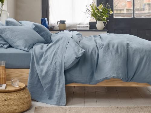 Dusk Blue 100% Linen Flat Sheet Styled Bedroom Setting