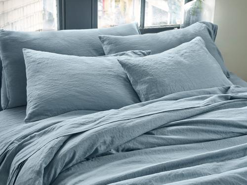Dusk Blue 100% Linen Pillowcases Styled Bedroom Setting