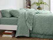 Pine Green Pembroke Stripe Linen Blend Flat Sheet Styled Bedroom Setting