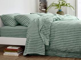 Pine Green Pembroke Stripe Linen Blend Flat Sheet Styled Bedroom Setting
