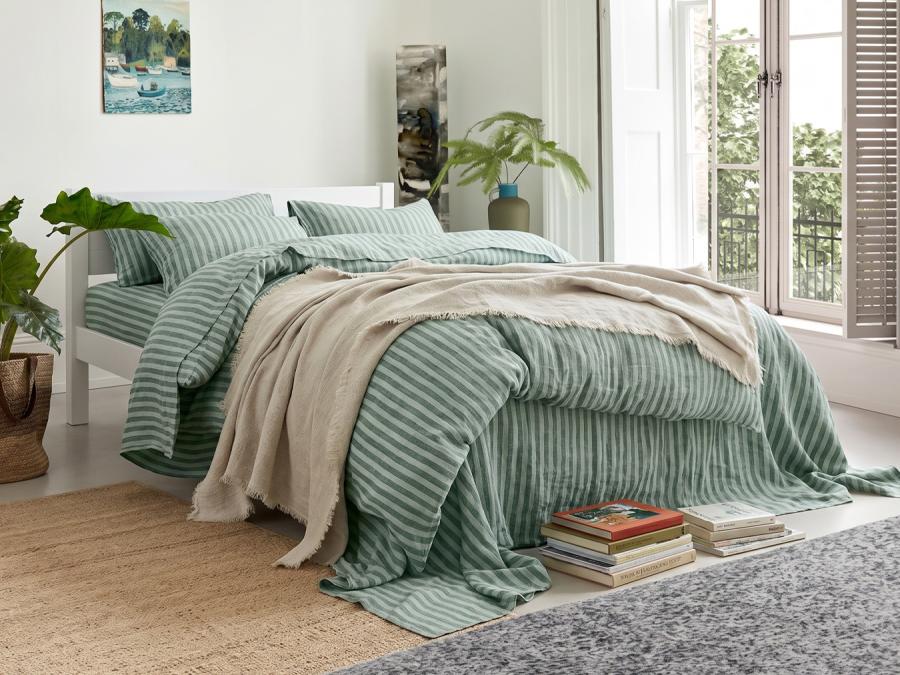 Pine Green Pembroke Stripe Linen Blend Duvet Cover Styled Bedroom Setting