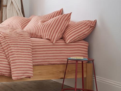 Sandstone Red Pembroke Stripe Linen Blend Flat Sheet Styled Bedroom Setting