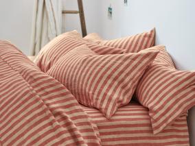 Sandstone Red Pembroke Stripe Linen Blend Pillowcases Styled Bedroom Setting