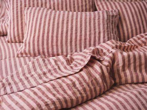 Rhubarb/Rose Pembroke Stripe Linen Blend Styled Bedding