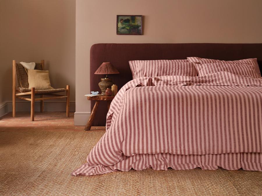 Rhubarb/Rose Pembroke Stripe Linen Blend Duvet Cover Styled Bedroom Setting