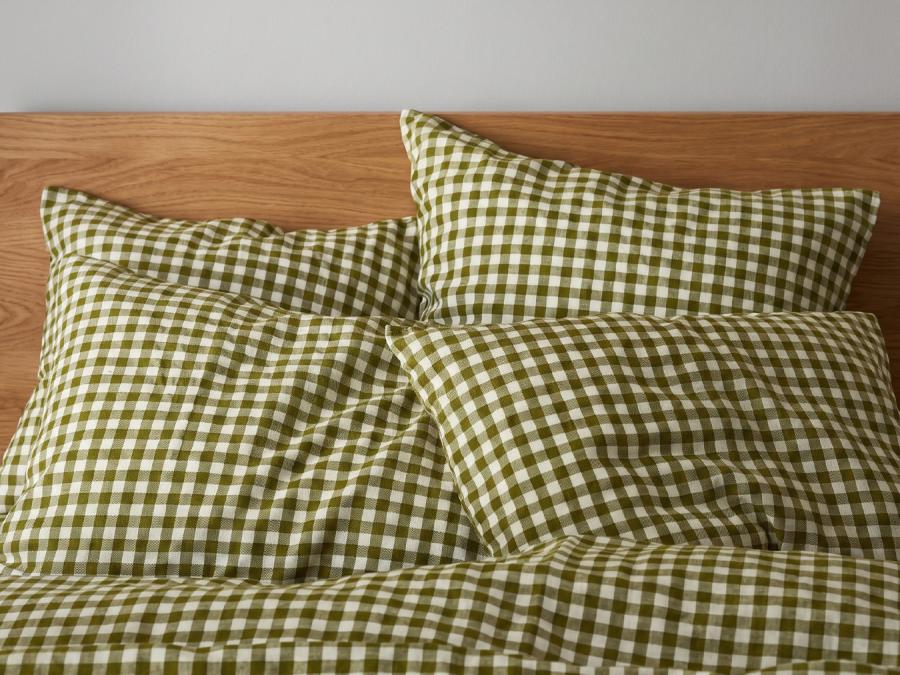 Botanical Green Gingham Linen Blend Pillowcases Styled Bedroom Setting