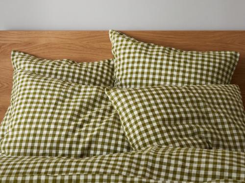 Botanical Green Gingham Linen Blend Pillowcases Styled Bedroom Setting