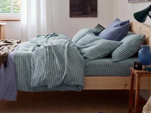 Warm Blue Gingham Linen Blend Flat Sheet Styled Bedroom Setting