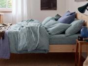 Warm Blue Gingham Linen Blend Flat Sheet Styled Bedroom Setting