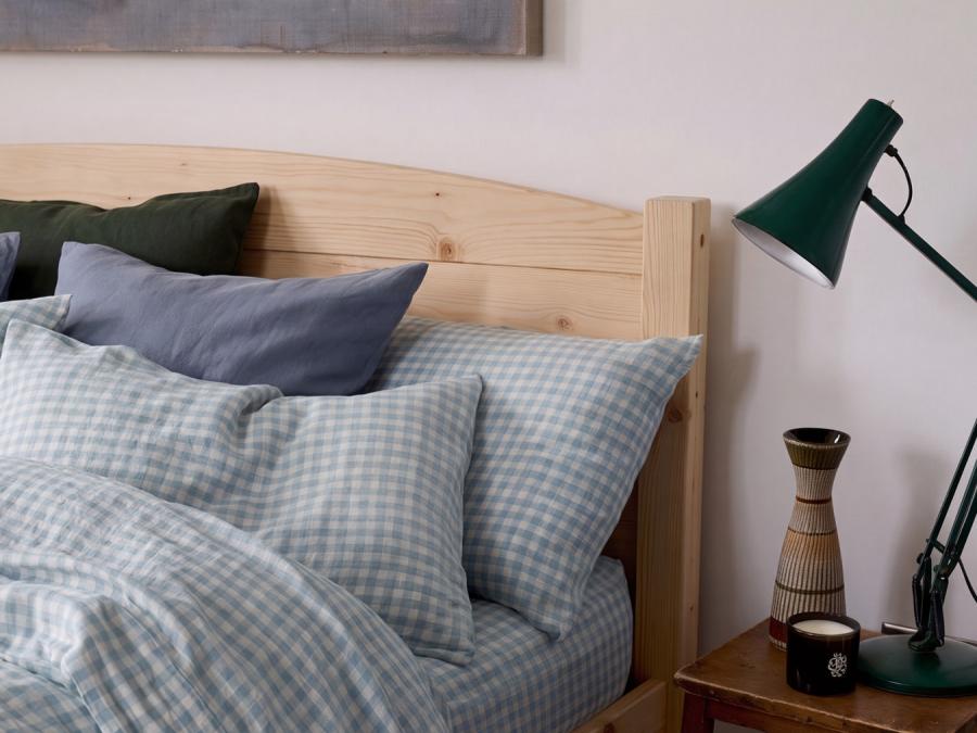 Warm Blue Gingham Linen Blend Pillowcases Styled Bedroom Setting