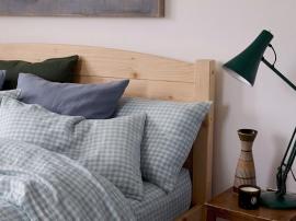 Warm Blue Gingham Linen Blend Pillowcases Styled Bedroom Setting