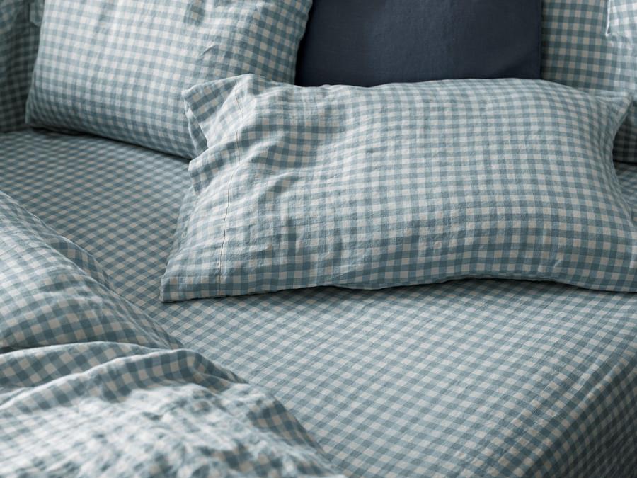 Warm Blue Gingham Linen Blend Fitted Sheet Styled Bedroom Setting