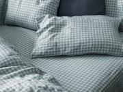 Warm Blue Gingham Linen Blend Fitted Sheet Styled Bedroom Setting