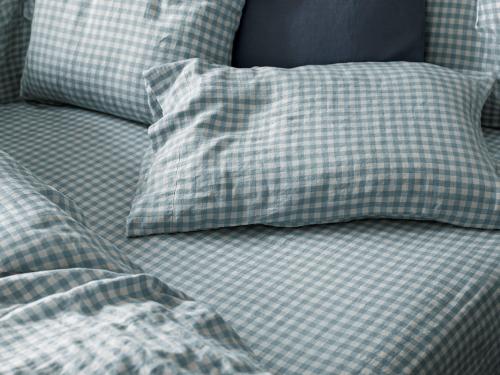 Warm Blue Gingham Linen Blend Fitted Sheet Styled Bedroom Setting
