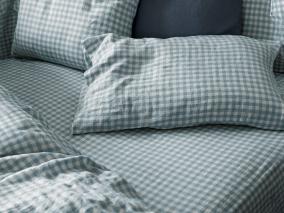 Warm Blue Gingham Linen Blend Fitted Sheet Styled Bedroom Setting