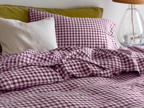 Berry Gingham Linen Blend Flat Sheet Styled Bedroom Setting