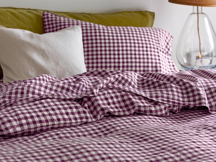 Berry Gingham Linen Blend Flat Sheet Styled Bedroom Setting