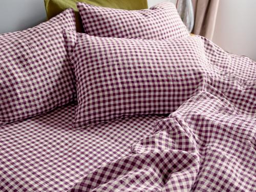 Berry Gingham Linen Blend Fitted Sheet Styled Bedroom Setting