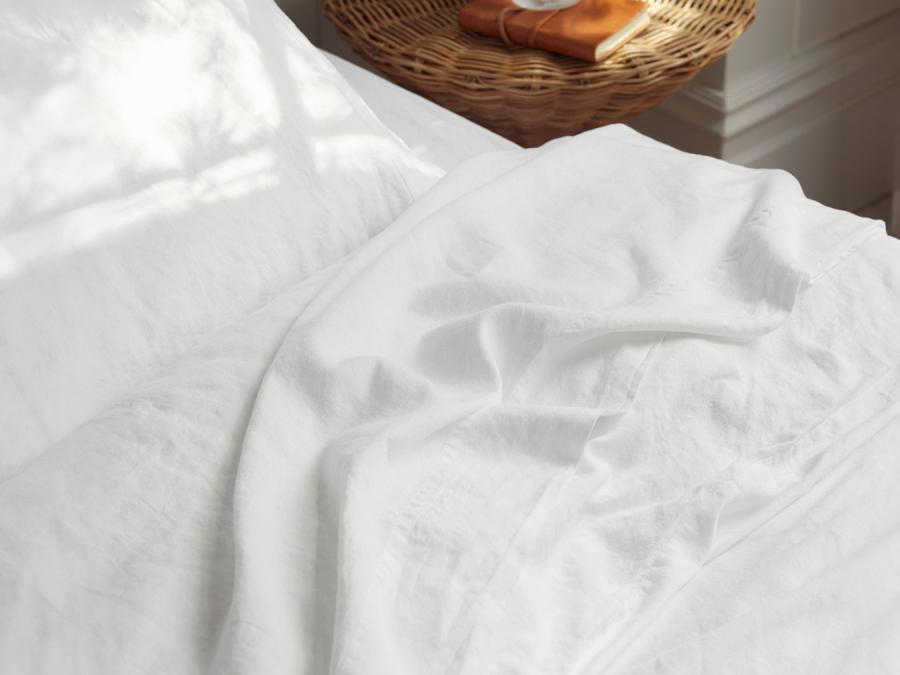 White Linen Blend Flat Sheet Styled Bedroom Setting