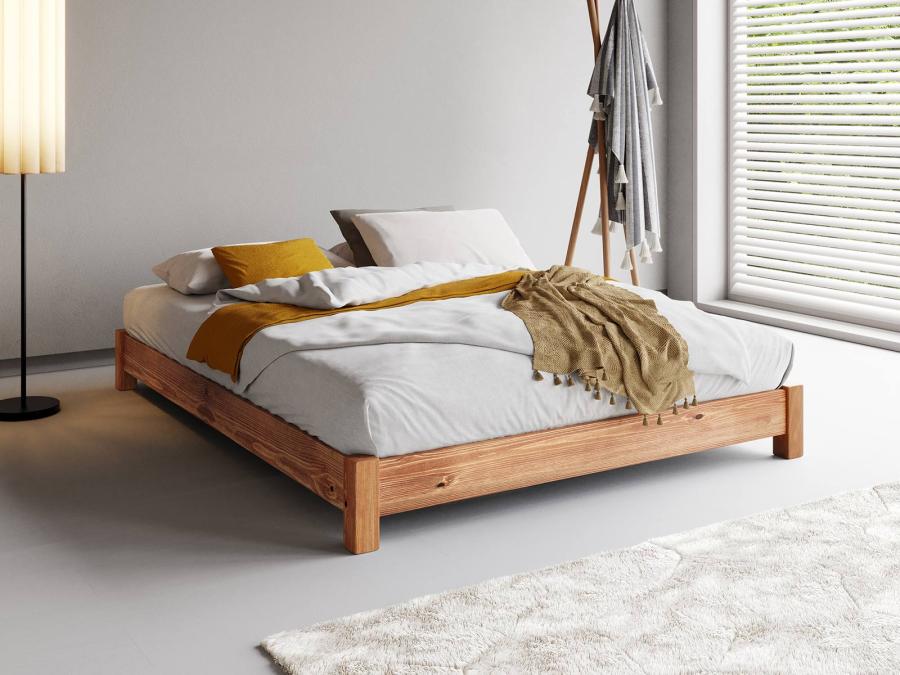 low wooden platform bed frame in cinnamon