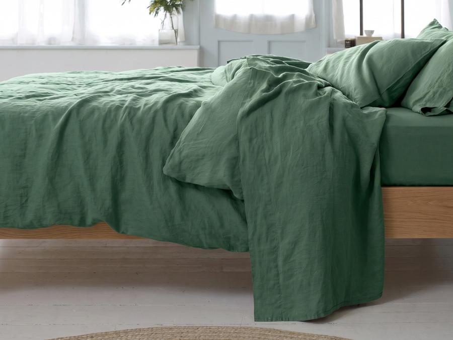 Elm Green Linen Blend Flat Sheet Styled Bedroom Setting