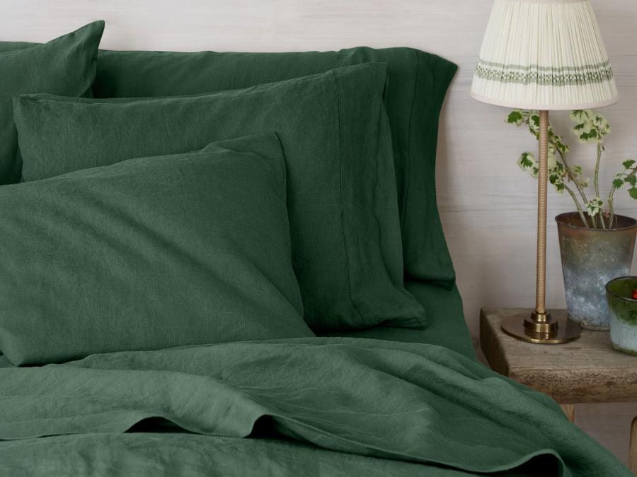 Elm Green Linen Blend Pillowcases Styled Bedroom Setting