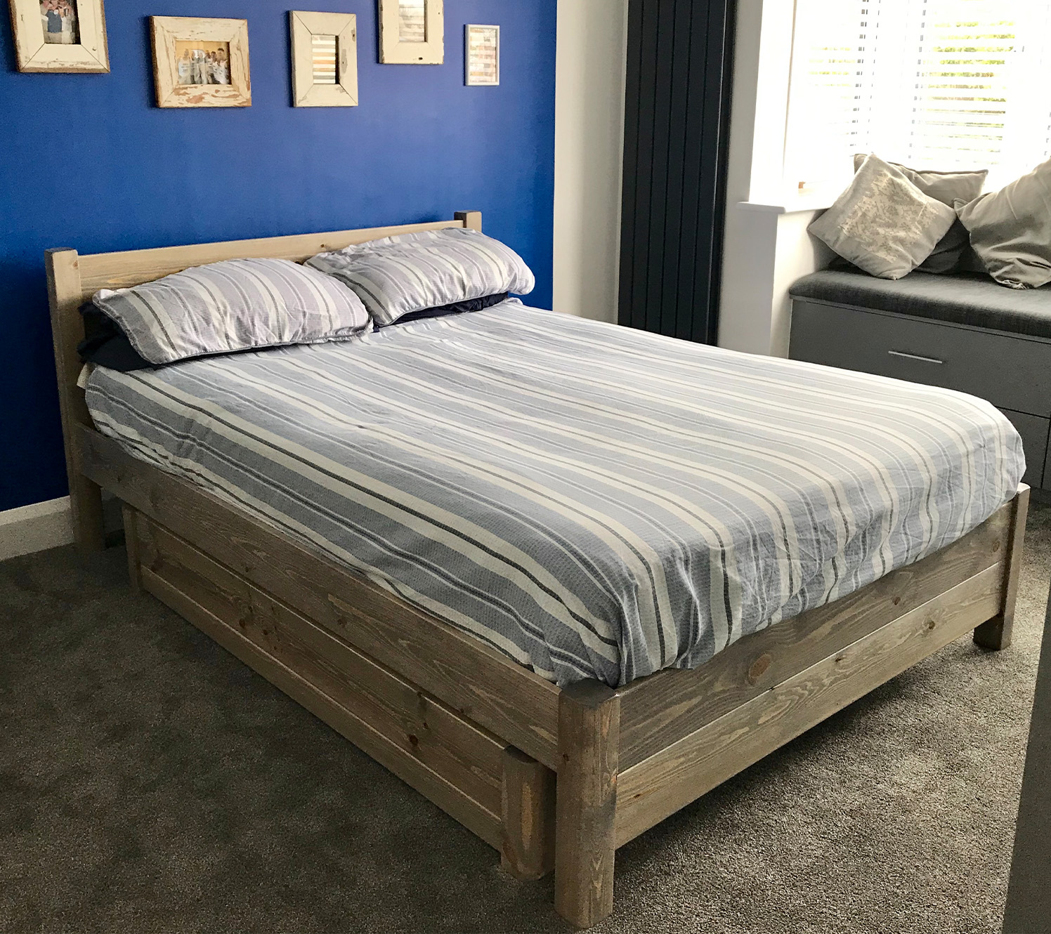 Grey and blue bedroom storage