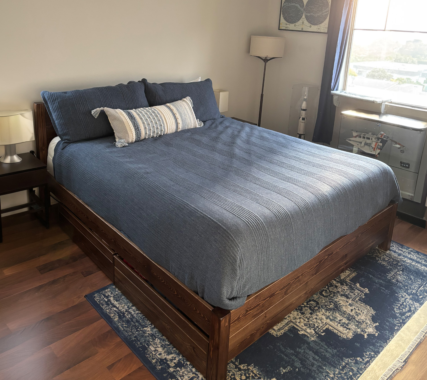 Blue and grey bedroom wooden bed frame
