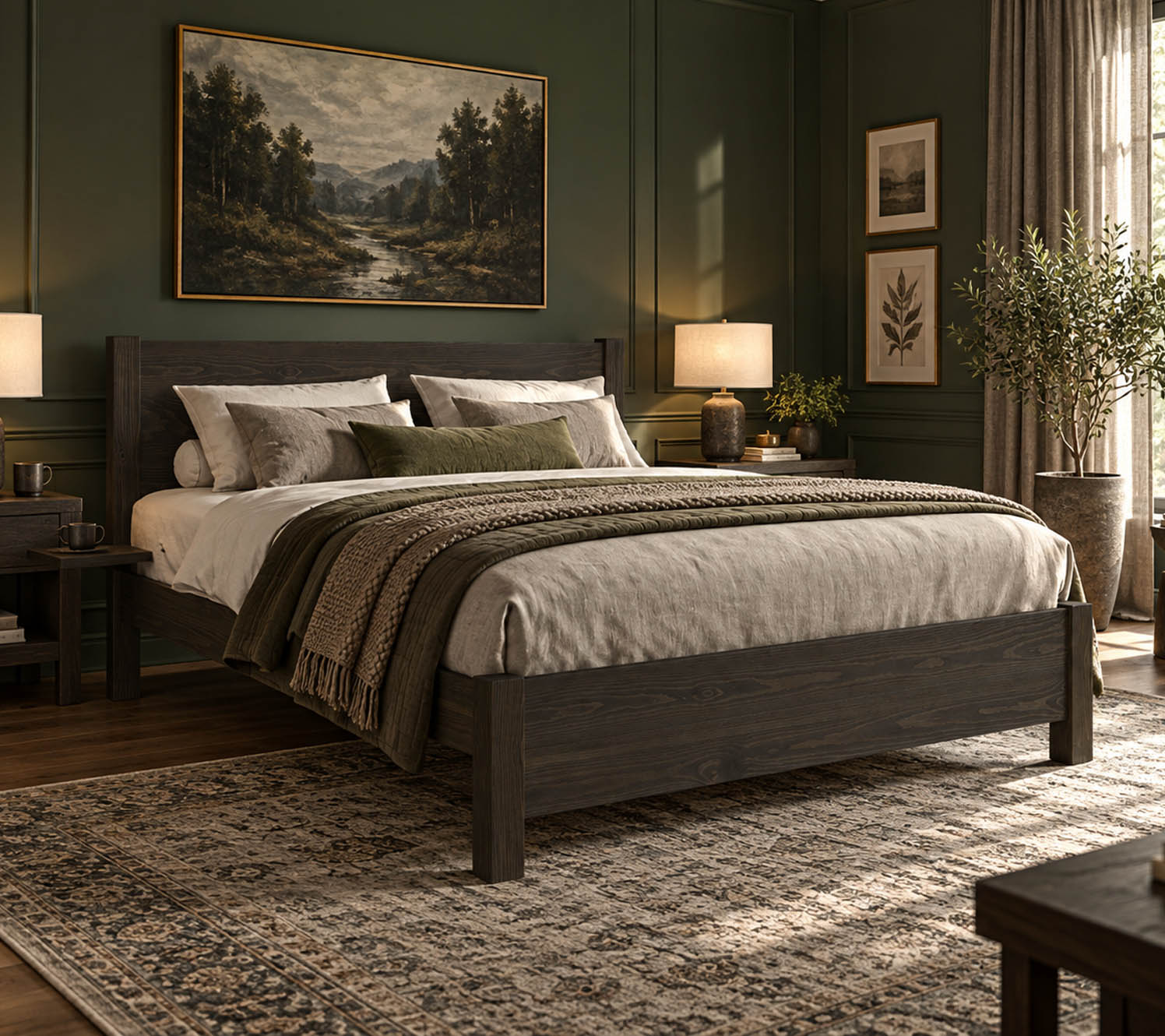 dark green and grey bedroom A Cocoon in Colour