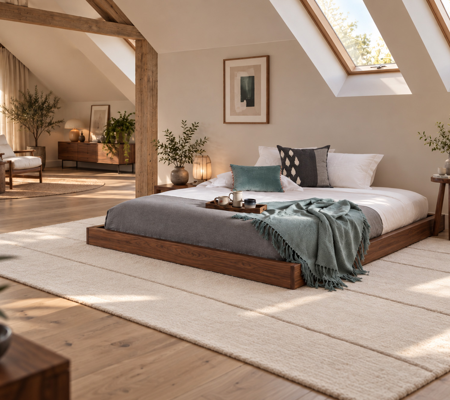 loft bedroom designs define space with striped rug