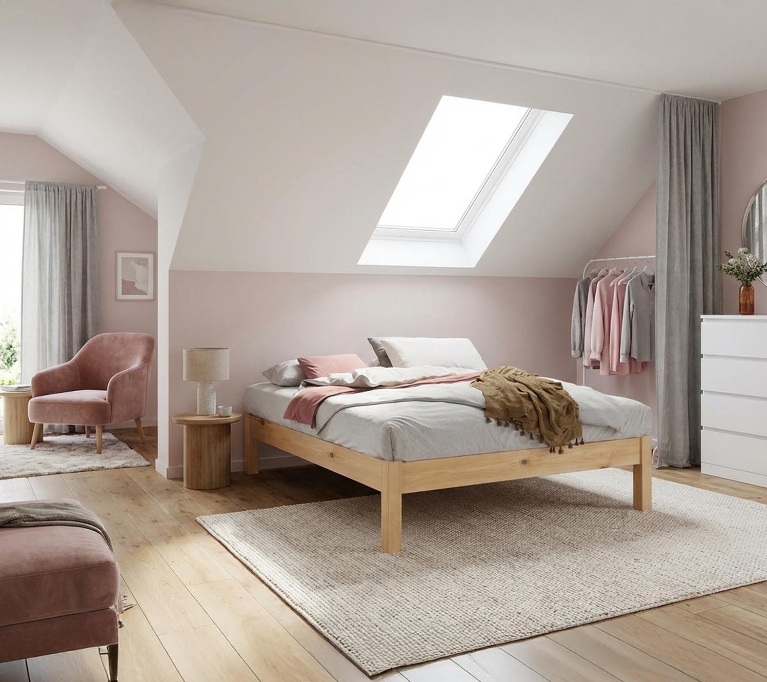 Pink colour bedroom with zones